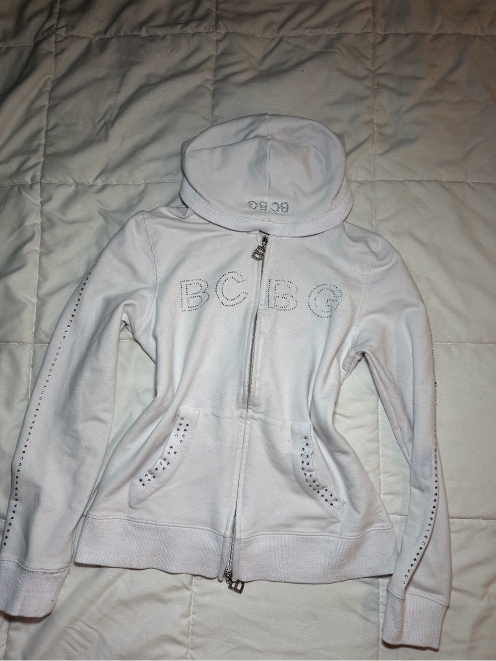 BCBG White Rhinestone Logo Zip Hoodie